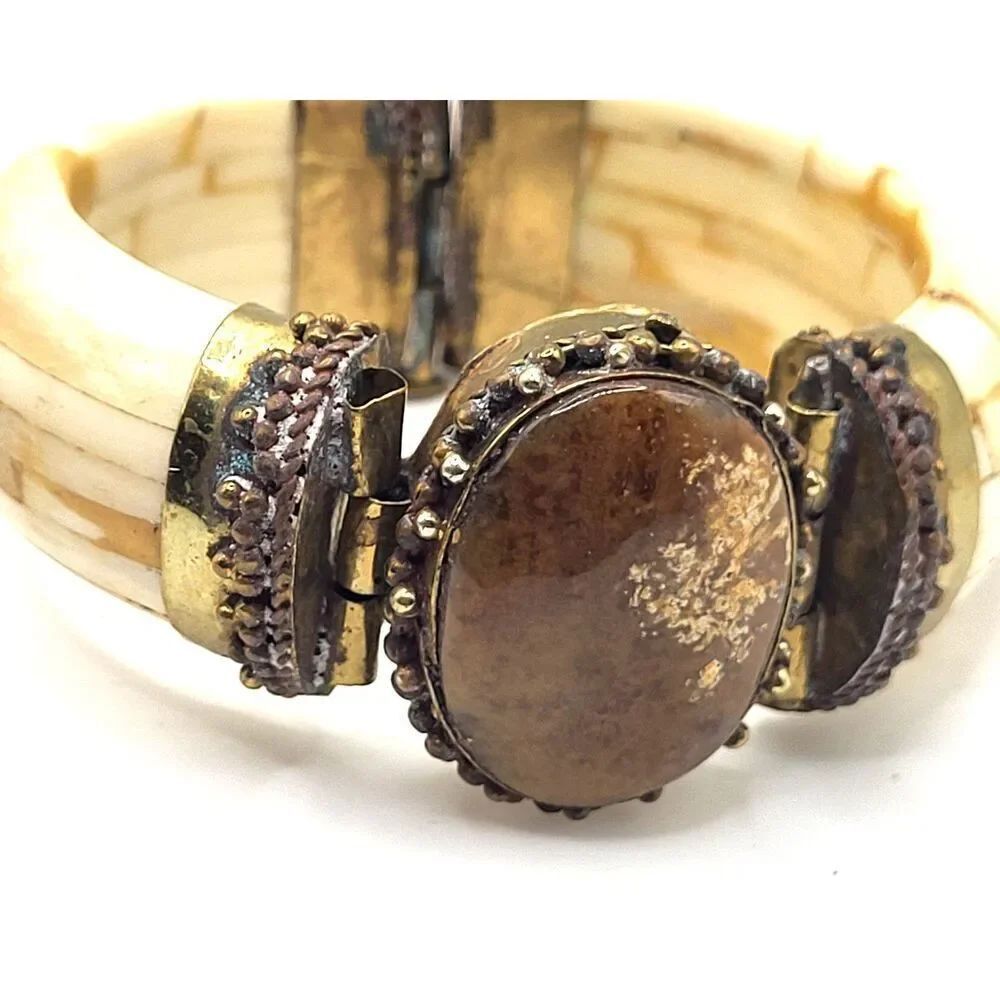 Antique Vintage 1960s Stretchy Bovine Bangle Bohemian Bracelet 1.25in wide